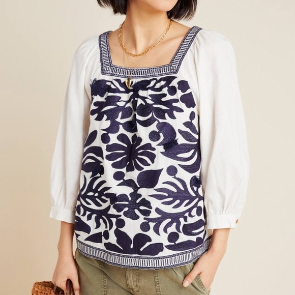 NWT Anthropologie Maeve Liyah Embroidered Top Cotton Linen Navy White Size 8 - Picture 1 of 15